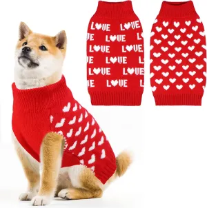 2 Pack Valentines Day Dog Sweater, Dog Valentines Outfit Clothes Knitted Heart Sweaters for Small Medium Large Dogs Pets (Red Heart & Red Love, XL)