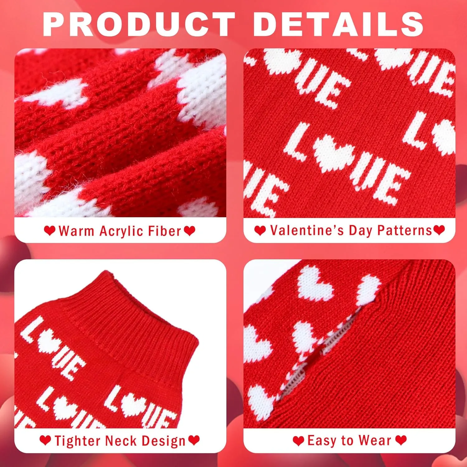 2 Pack Valentines Day Dog Sweater, Dog Valentines Outfit Clothes Knitted Heart Sweaters for Small Medium Large Dogs Pets (Red Heart & Red Love, XL)