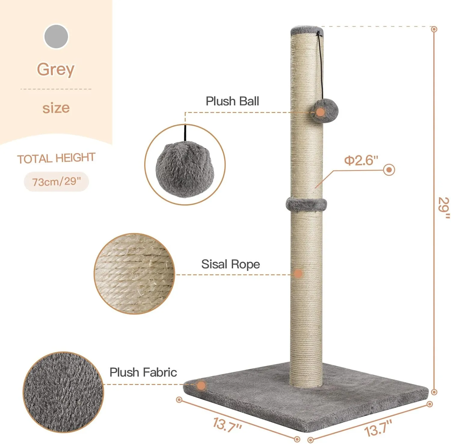 29 Inches Cat Scratching Post, Cat Scratch Post Kitten Scratcher with Sisal Rope, Scratching Post for Indoor Cats with Hanging Ball