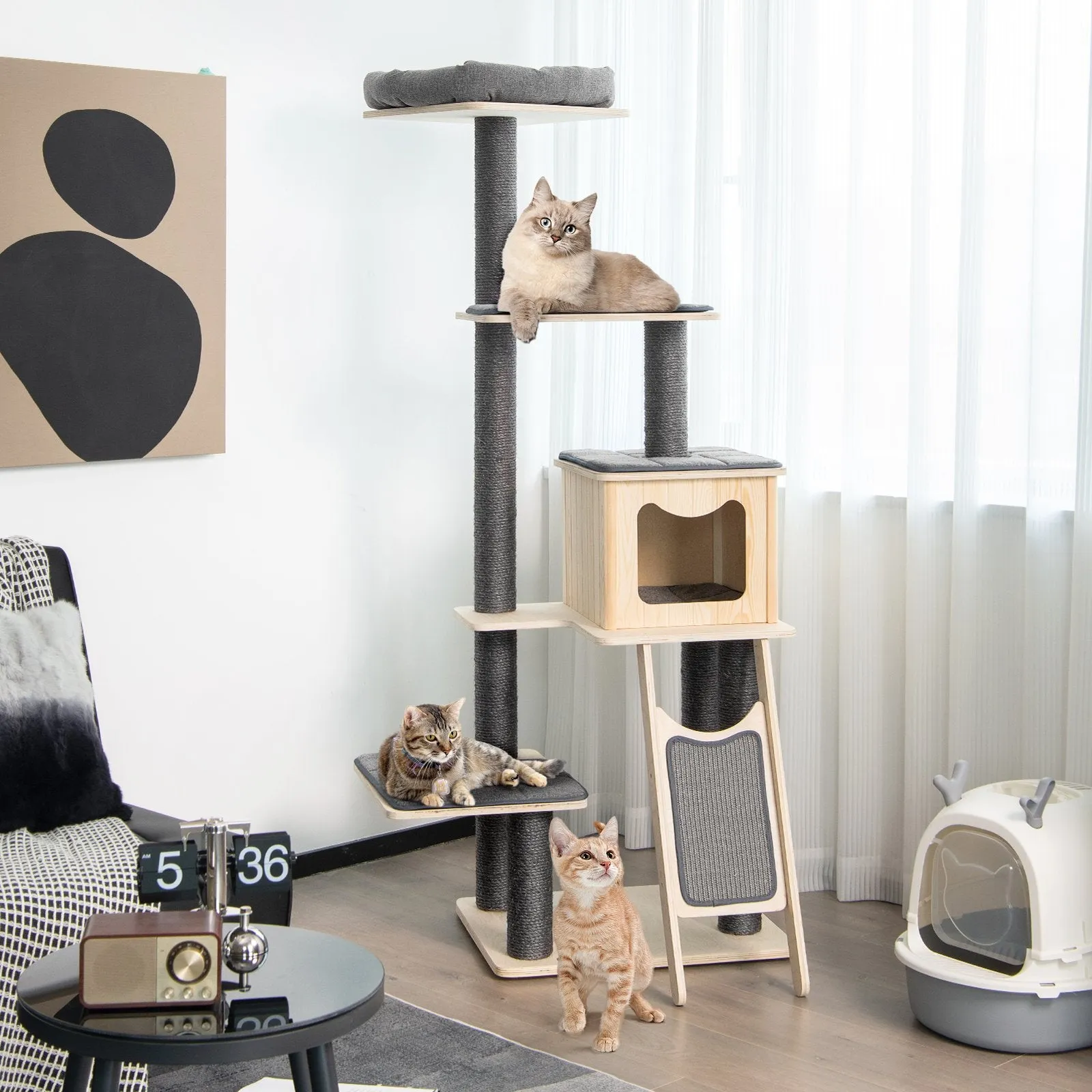 4-Tier Tall Cat Tower with Scratching Sisal Posts-Grey