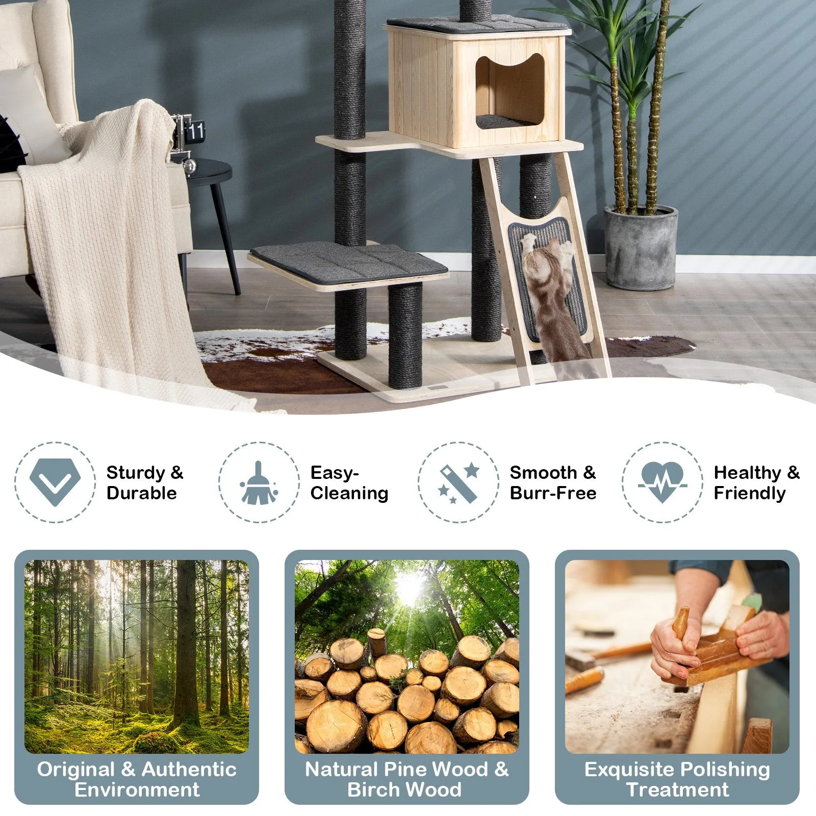 4-Tier Tall Cat Tower with Scratching Sisal Posts-Grey