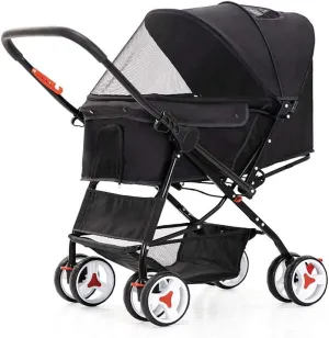 4 Wheel Dog Strollers for Medium Small Dogs Clearance, Cat/Dog Stroller Cheap Easy One-Hand Fold, Reversible Push Handle Pet Stroller Puppy & Kitten Carrier Extended Cockpit 25in (Color : Black)