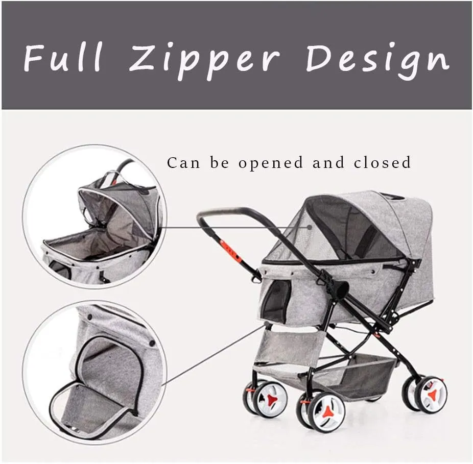 4 Wheel Dog Strollers for Medium Small Dogs Clearance, Cat/Dog Stroller Cheap Easy One-Hand Fold, Reversible Push Handle Pet Stroller Puppy & Kitten Carrier Extended Cockpit 25in (Color : Black)