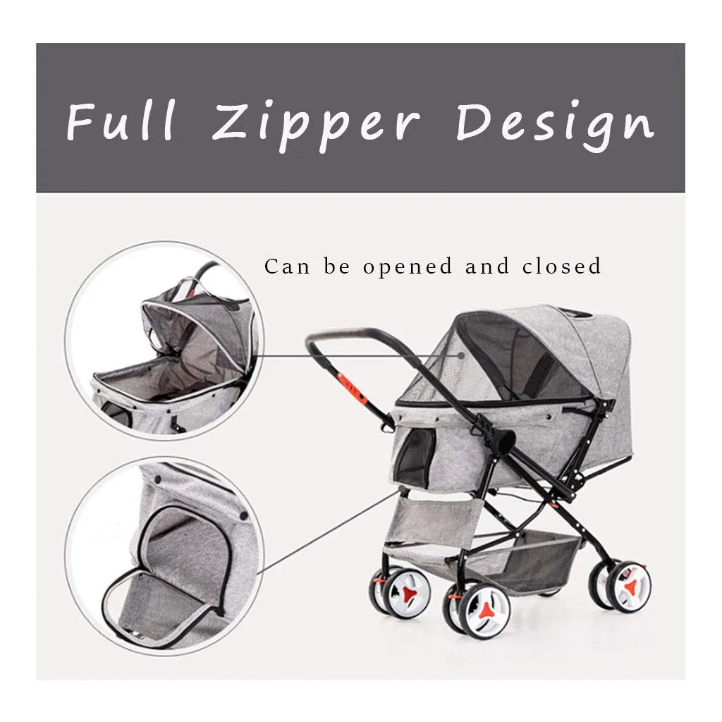 4 Wheel Dog Strollers for Medium Small Dogs Clearance, Cat/Dog Stroller Cheap Easy One-Hand Fold, Reversible Push Handle Pet Stroller Puppy & Kitten Carrier Extended Cockpit 25in(Grey)