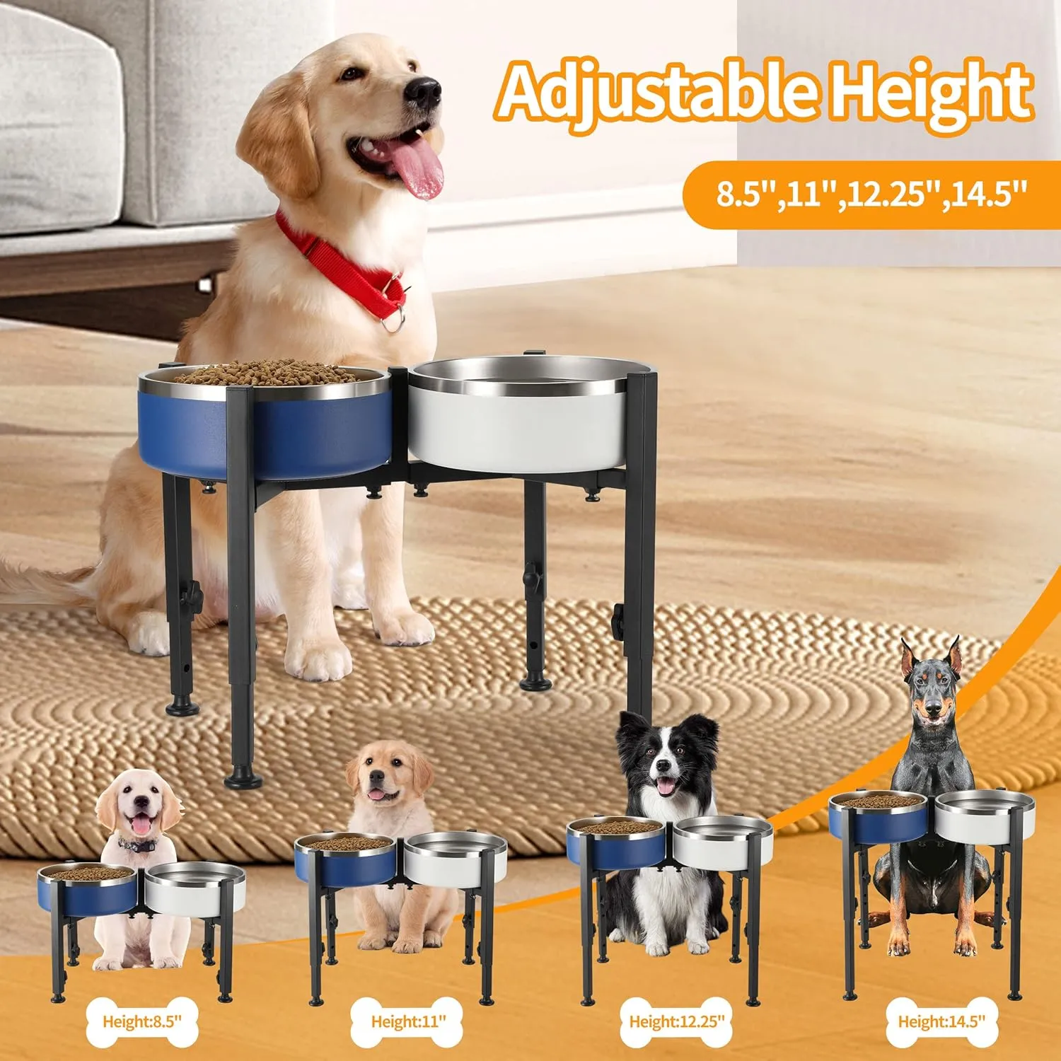 Adjustable Tall Dog Bowl Stand, 7-11" Width 4 Heights, Durable Metal Elevated Food and Water Bowl Holder for Medium and Large Dogs