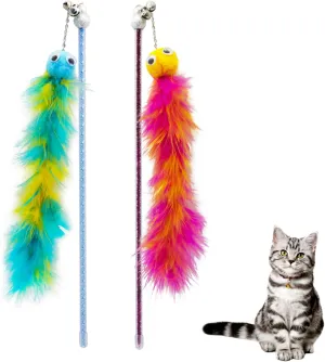 Andiker Cat Feather Toys, 2PCS Cat Wand Toys with Bell&Plush Balls, 12in Colourful Interactive Kitten Teaser Toy, Funny Interactive Cat Toys for Cat Indoor Playing Training Chasing (Red   Green)