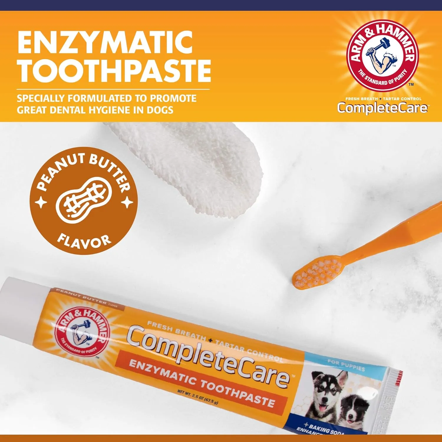 Arm & Hammer Complete Care Puppy Essentials Dental Kit - Includes Small Dog Toothbrush and Toothpaste for Puppies, 2.5 Oz in Peanut Butter Flavor, & Microfiber Finger Brush - Ideal for Fresh Breath
