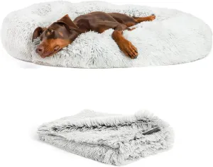 Best Friends by Sheri Bundle Set The Original Calming Shag Donut Cuddler Cat and Dog Bed   Pet Throw Blanket, Frost, Extra Large, 45x45