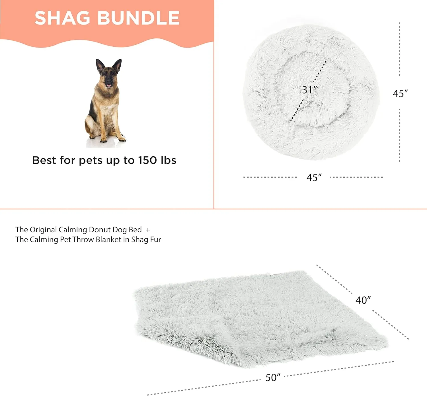 Best Friends by Sheri Bundle Set The Original Calming Shag Donut Cuddler Cat and Dog Bed   Pet Throw Blanket, Frost, Extra Large, 45x45