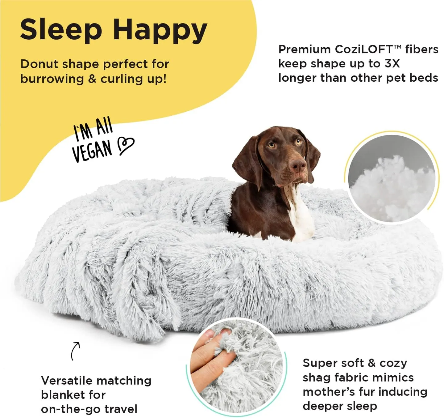 Best Friends by Sheri Bundle Set The Original Calming Shag Donut Cuddler Cat and Dog Bed   Pet Throw Blanket, Frost, Extra Large, 45x45