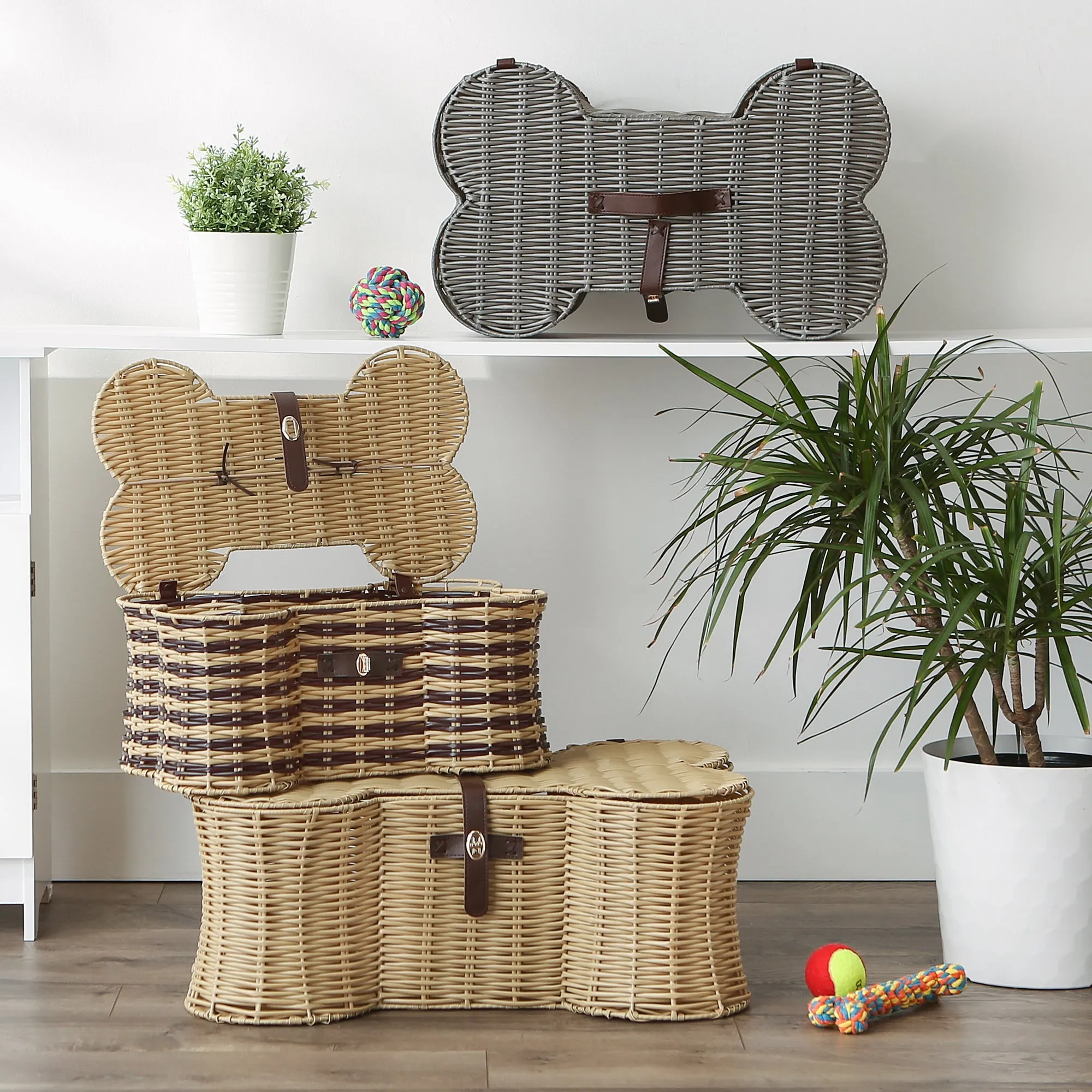 Bone Dry Pet Toy Storage Basket, Bone Shaped, Gray, Large - 24x15x9"