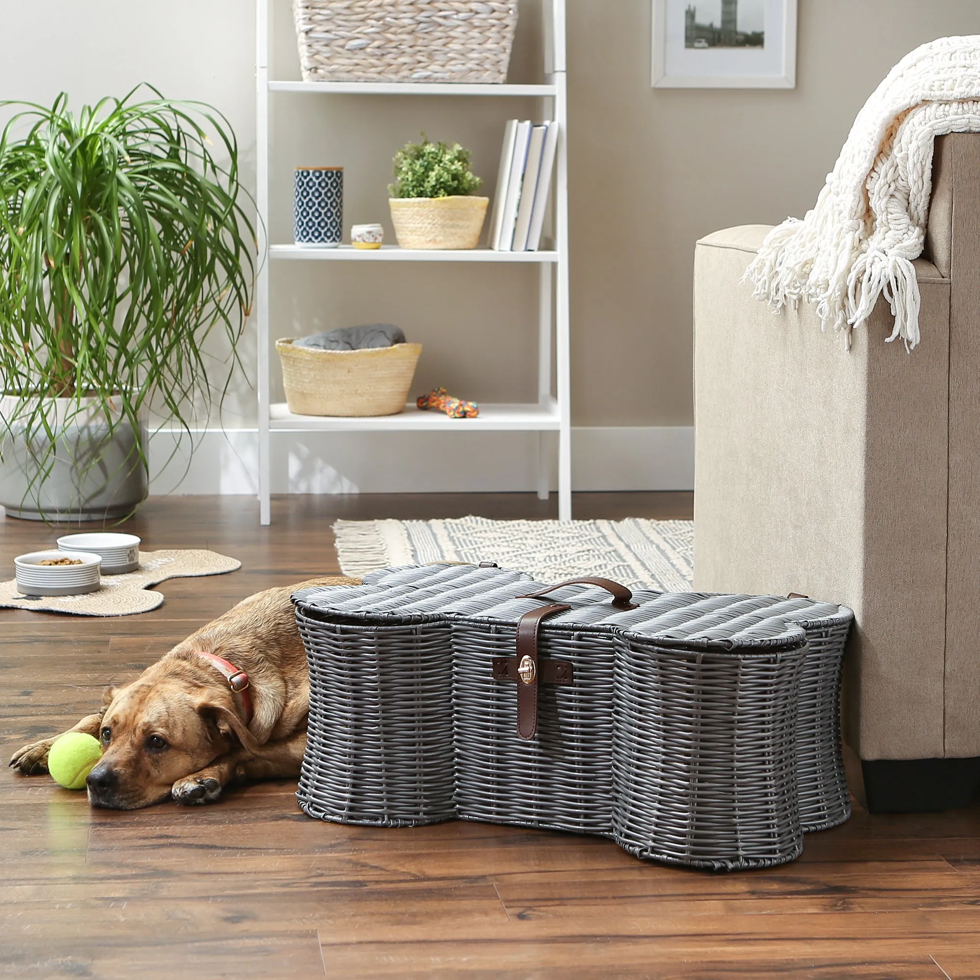 Bone Dry Pet Toy Storage Basket, Bone Shaped, Gray, Large - 24x15x9"