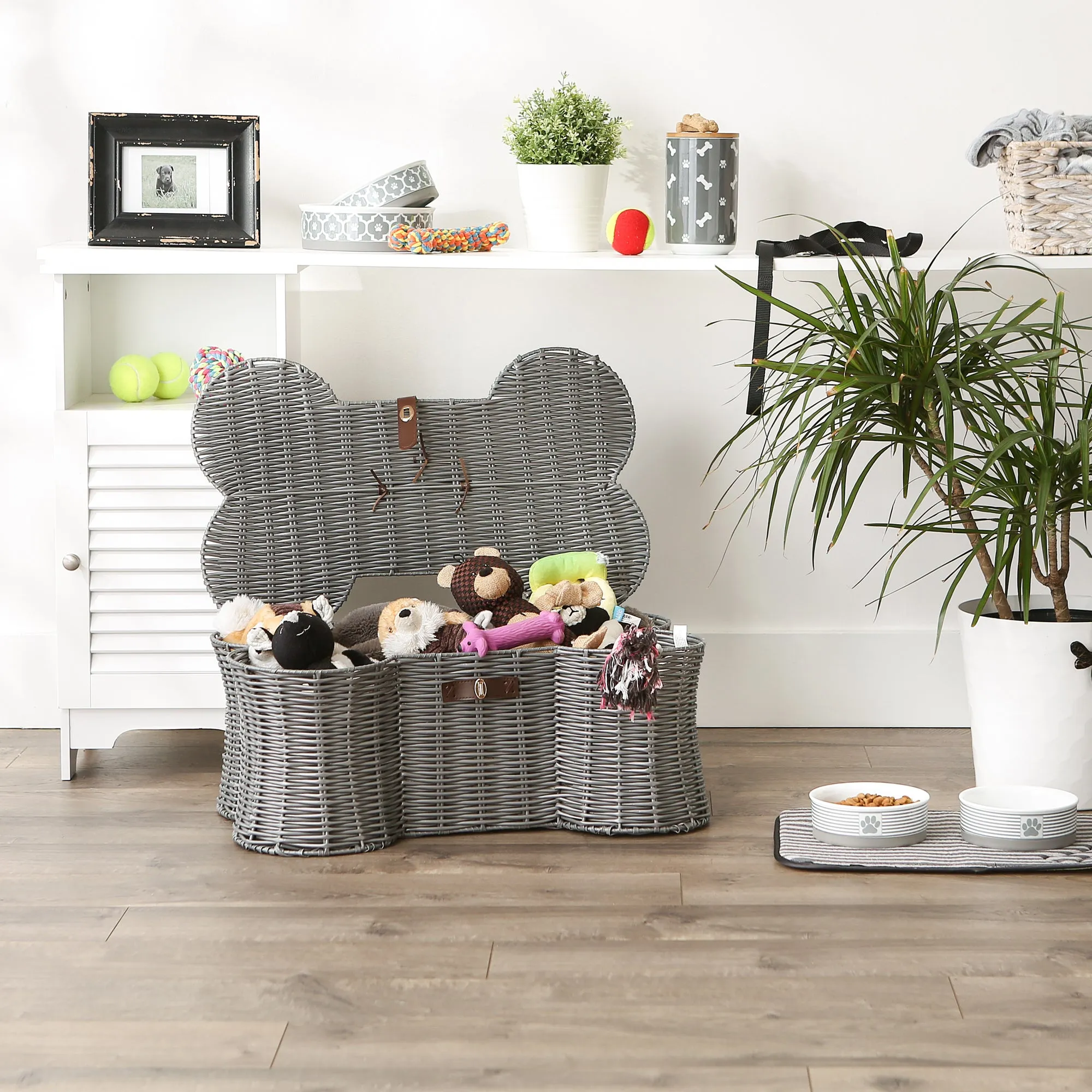 Bone Dry Pet Toy Storage Basket, Bone Shaped, Gray, Large - 24x15x9"