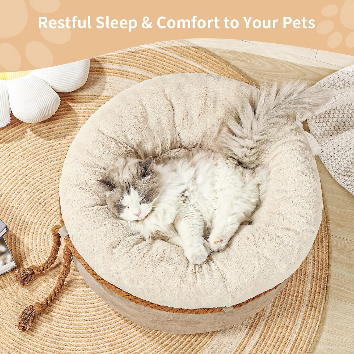  Cat Beds for Indoor Cats - Donut Washable Small Pet Bed, 22 inches Anti-Slip Round Fluffy Plush Large Cat Bed, Warm and Thicked Dog Bed, Light Brown