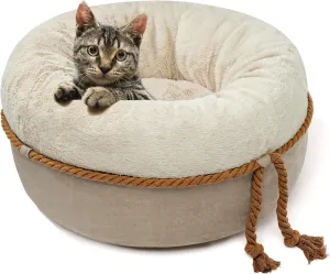  Cat Beds for Indoor Cats - Donut Washable Small Pet Bed, 22 inches Anti-Slip Round Fluffy Plush Large Cat Bed, Warm and Thicked Dog Bed, Light Brown
