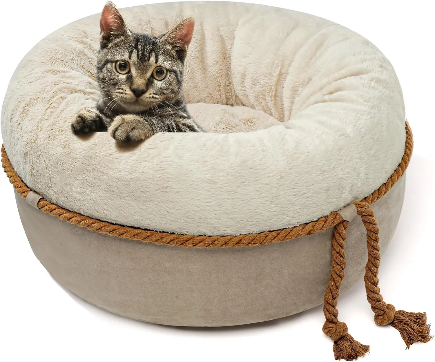  Cat Beds for Indoor Cats - Donut Washable Small Pet Bed, 22 inches Anti-Slip Round Fluffy Plush Large Cat Bed, Warm and Thicked Dog Bed, Light Brown
