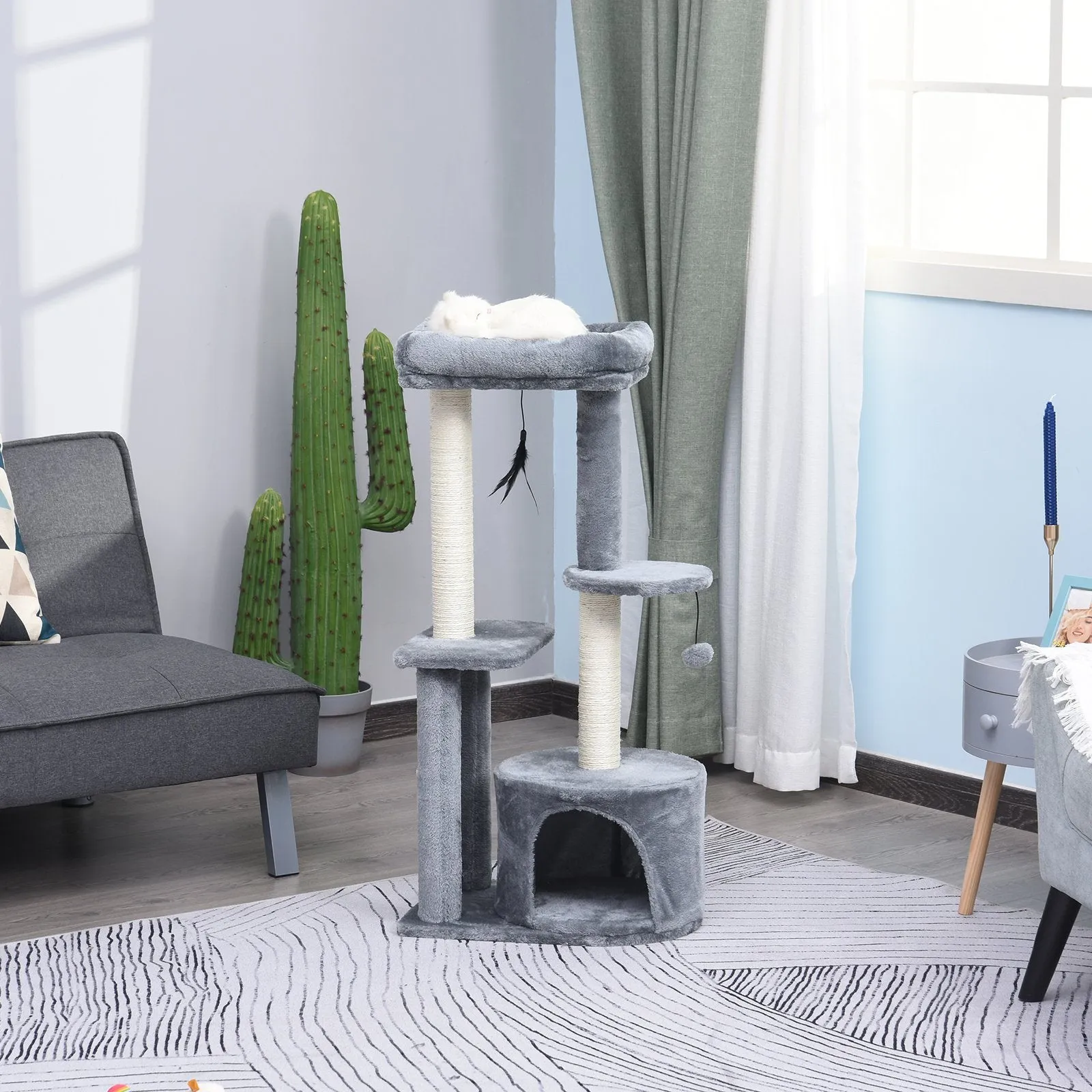 Cat Multi-Activity Tree Tower w/ Perch House Scratching Post Play Ball Plush Fun