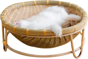 Cat Nest Bamboo Wicker Cat Basket Bed Cat Beds for Indoor Cats, Breathable Cooling Summer Cat House Diameter 40cm, Light Green