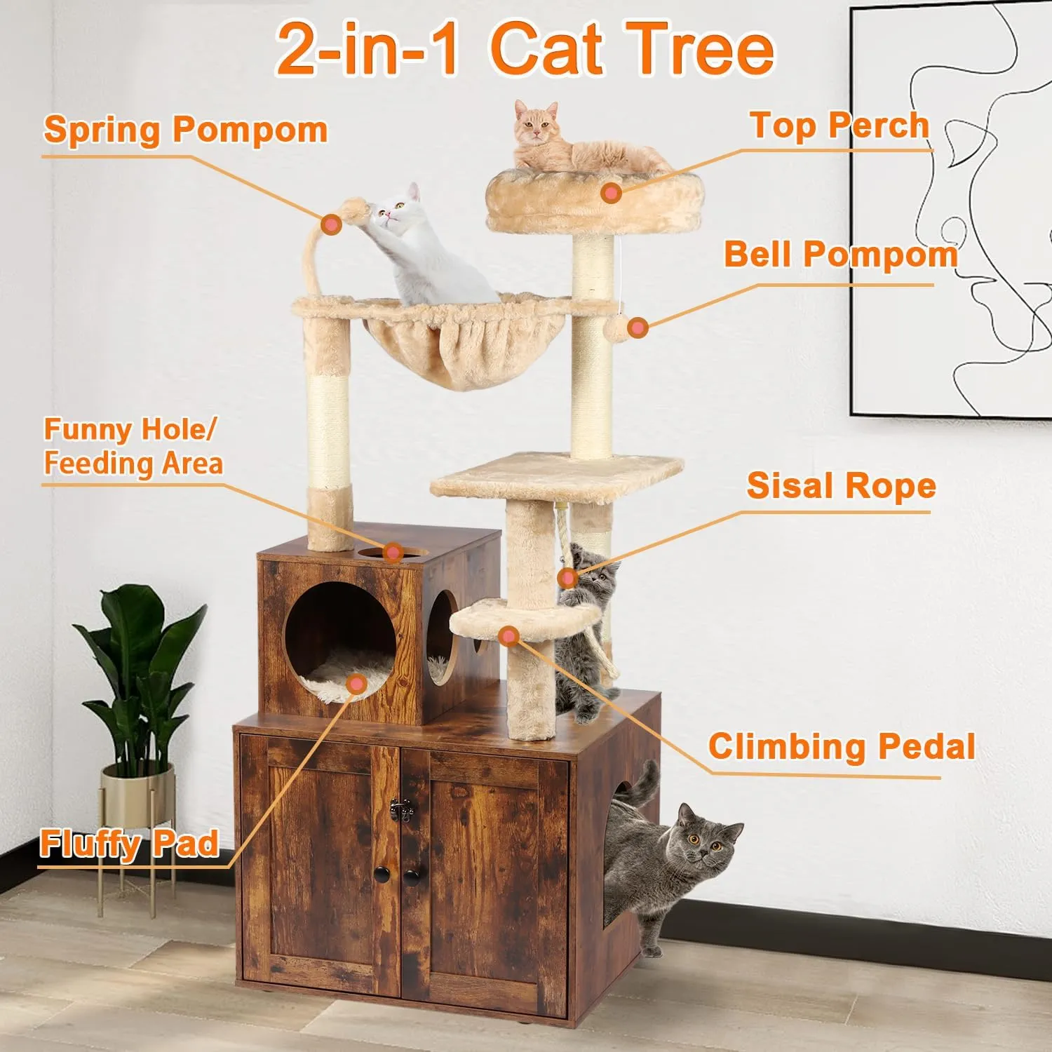 Cat Tree with Litter Box Enclosure, 2-in-1 Cat Tower for Indoor Cats, Large Wood Cat Condo with Basket, Scratching Posts, Pompoms, Rustic Brown