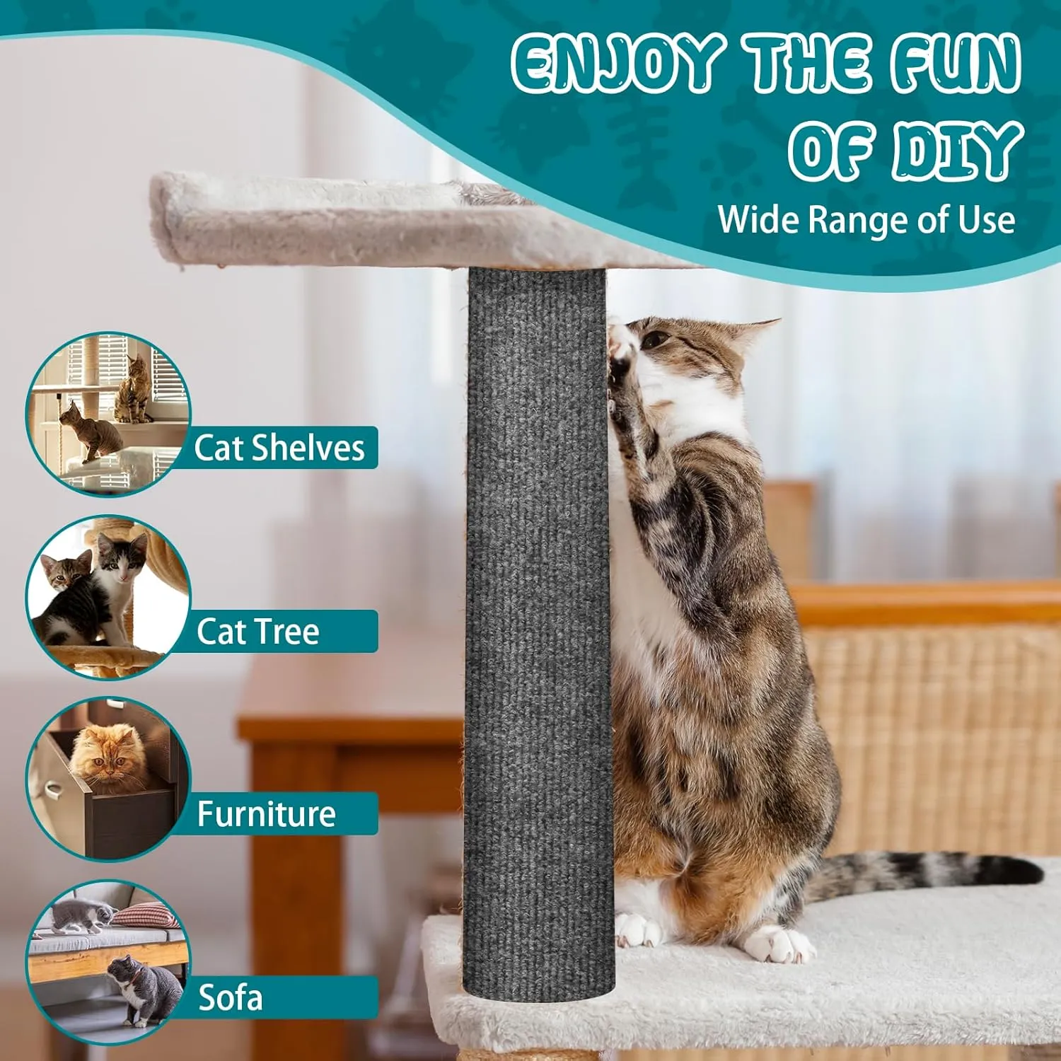 Climbing Cat Scratcher Mat Trimmable Cat Scratching Post Carpet 157.4x15.8 Self Adhesive Carpet Mat Pad Replacement for Cat Tree Shelves Post Couch Wall Furniture Steps DIY Protector (Dark Gray)