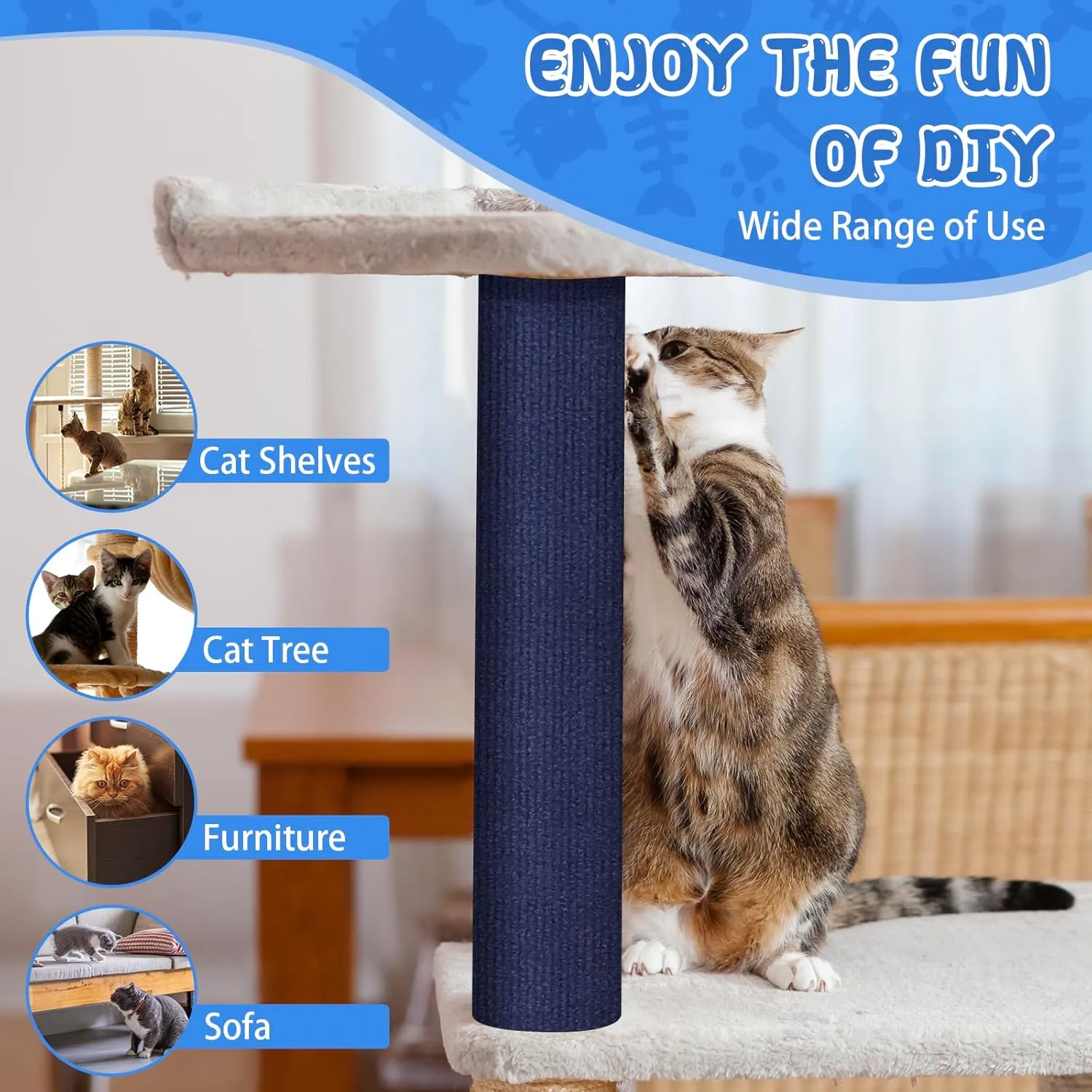 Climbing Cat Scratcher Mat Trimmable Cat Scratching Post Carpet 78.7x15.8 Self Adhesive Carpet Mat Pad Replacement for Cat Tree Shelves Post Couch Wall Furniture Steps DIY Protector (Dark Blue)