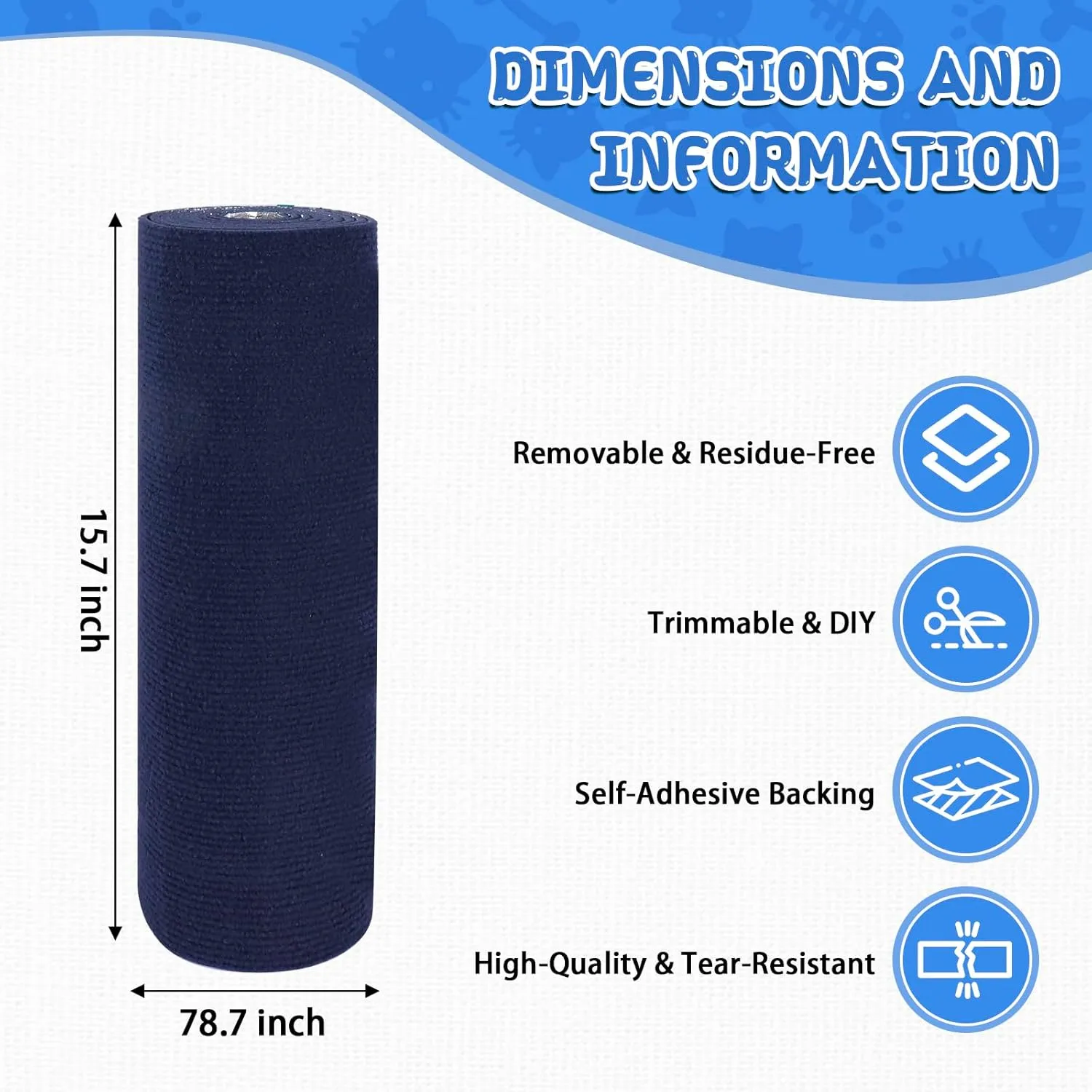 Climbing Cat Scratcher Mat Trimmable Cat Scratching Post Carpet 78.7x15.8 Self Adhesive Carpet Mat Pad Replacement for Cat Tree Shelves Post Couch Wall Furniture Steps DIY Protector (Dark Blue)