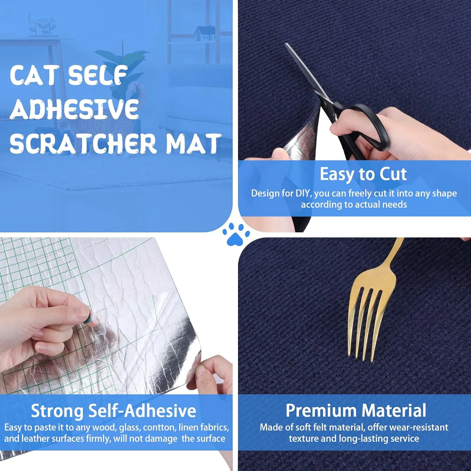Climbing Cat Scratcher Mat Trimmable Cat Scratching Post Carpet 78.7x15.8 Self Adhesive Carpet Mat Pad Replacement for Cat Tree Shelves Post Couch Wall Furniture Steps DIY Protector (Dark Blue)