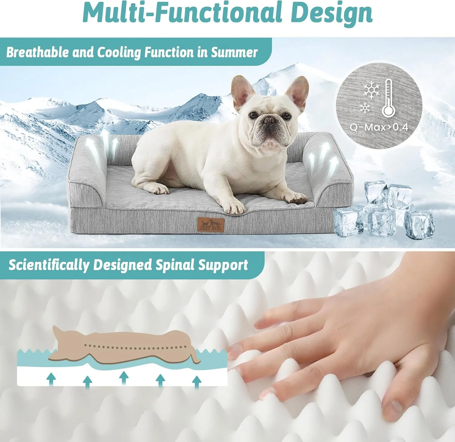 Cooling Dog Bed, Orthopedic Foam Dog Bed with Sides, Removable Cover & Waterproof Lining and Nonskid Bottom, Comfortable Pet Beds for Medium Dogs, Grey (36" L x 27" W x 6.5" Th)