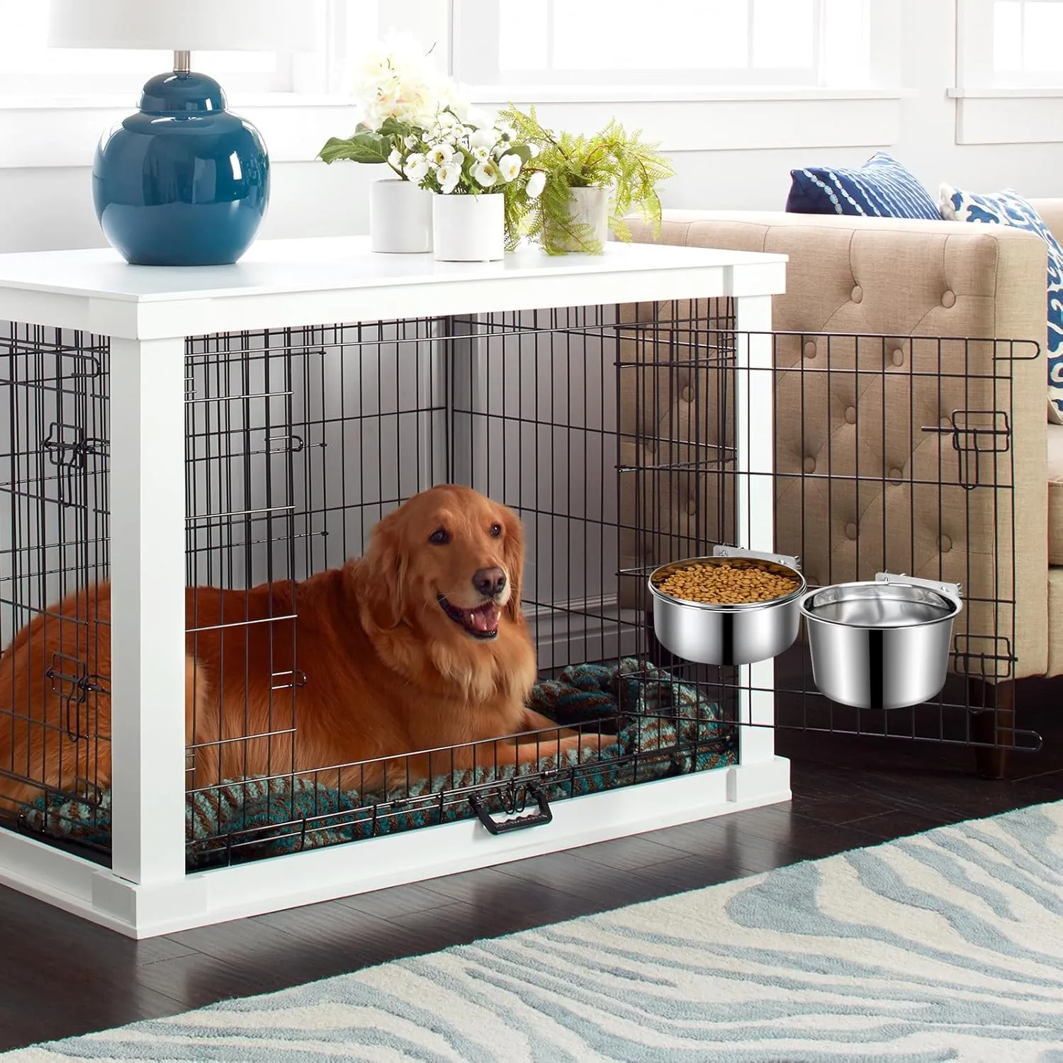 Crate Dog Bowls, Removable Stainless Steel Dog Bowls for Food and Water, Pet Kennel Hanging Food Water Feeder Station for Small/Medium/Large Pets, (7.1"x3.7" & 6.3"*2.6", Silver)
