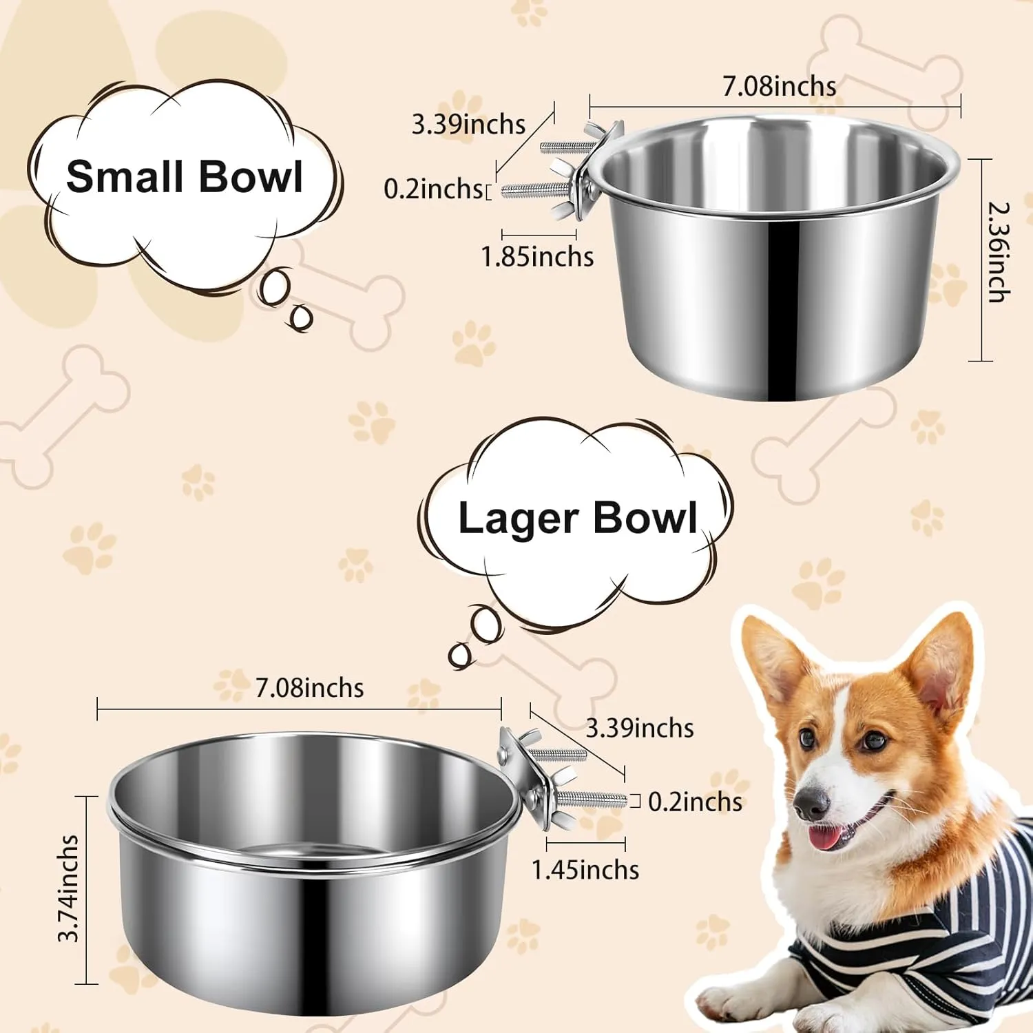 Crate Dog Bowls, Removable Stainless Steel Dog Bowls for Food and Water, Pet Kennel Hanging Food Water Feeder Station for Small/Medium/Large Pets, (7.1"x3.7" & 6.3"*2.6", Silver)