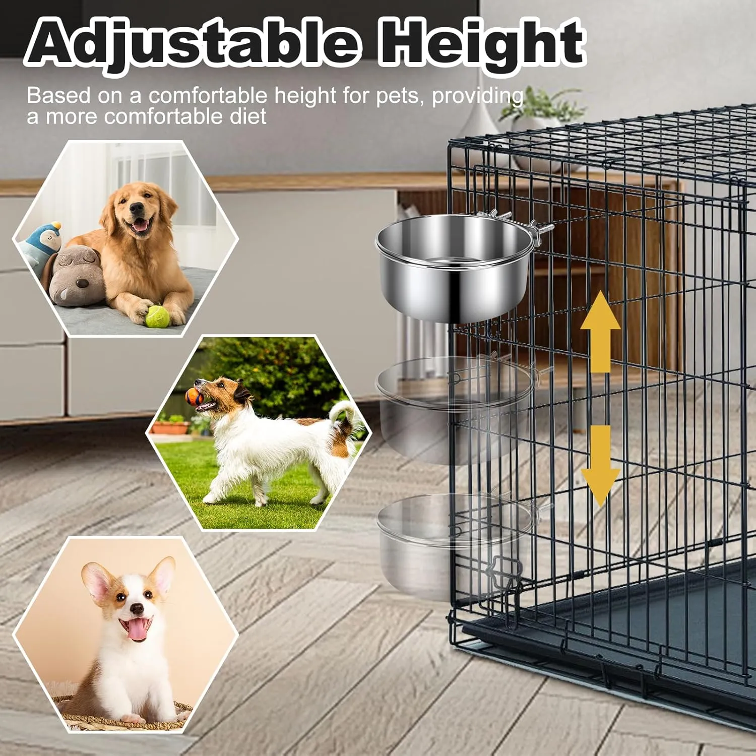 Crate Dog Bowls, Removable Stainless Steel Dog Bowls for Food and Water, Pet Kennel Hanging Food Water Feeder Station for Small/Medium/Large Pets, (7.1"x3.7" & 6.3"*2.6", Silver)