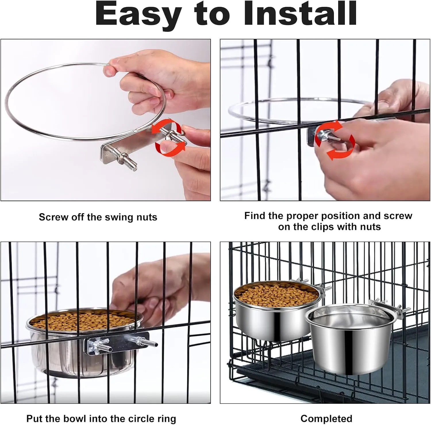 Crate Dog Bowls, Removable Stainless Steel Dog Bowls for Food and Water, Pet Kennel Hanging Food Water Feeder Station for Small/Medium/Large Pets, (7.1"x3.7" & 6.3"*2.6", Silver)