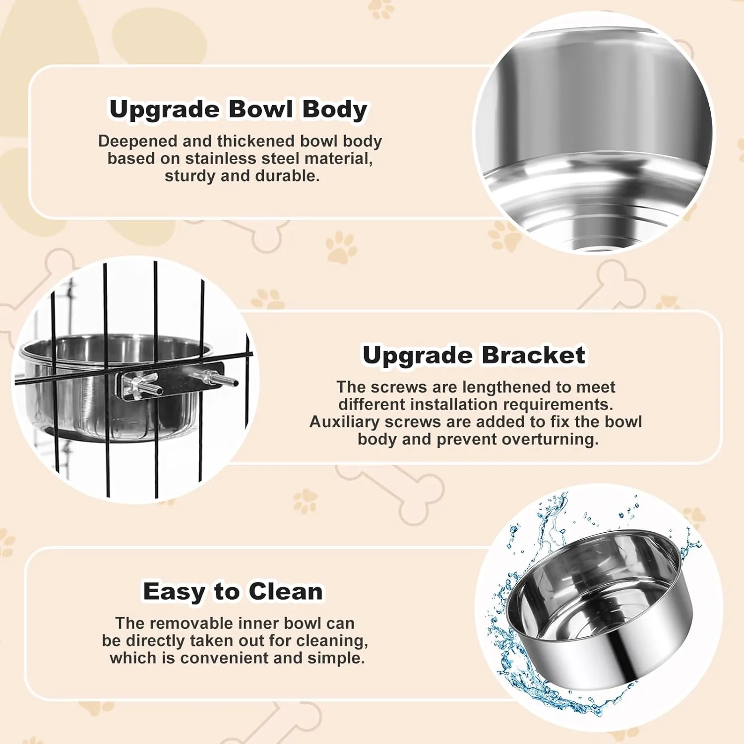 Crate Dog Bowls, Removable Stainless Steel Dog Bowls for Food and Water, Pet Kennel Hanging Food Water Feeder Station for Small/Medium/Large Pets, (7.1"x3.7" & 6.3"*2.6", Silver)