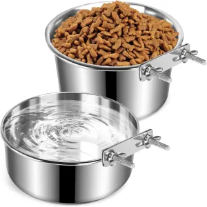 Crate Dog Bowls, Removable Stainless Steel Dog Bowls for Food and Water, Pet Kennel Hanging Food Water Feeder Station for Small/Medium/Large Pets, (7.1"x3.7" & 6.3"*2.6", Silver)