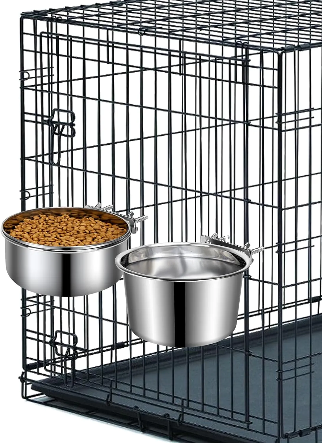 Crate Dog Bowls, Removable Stainless Steel Dog Bowls for Food and Water, Pet Kennel Hanging Food Water Feeder Station for Small/Medium/Large Pets, (7.1"x3.7" & 6.3"*2.6", Silver)