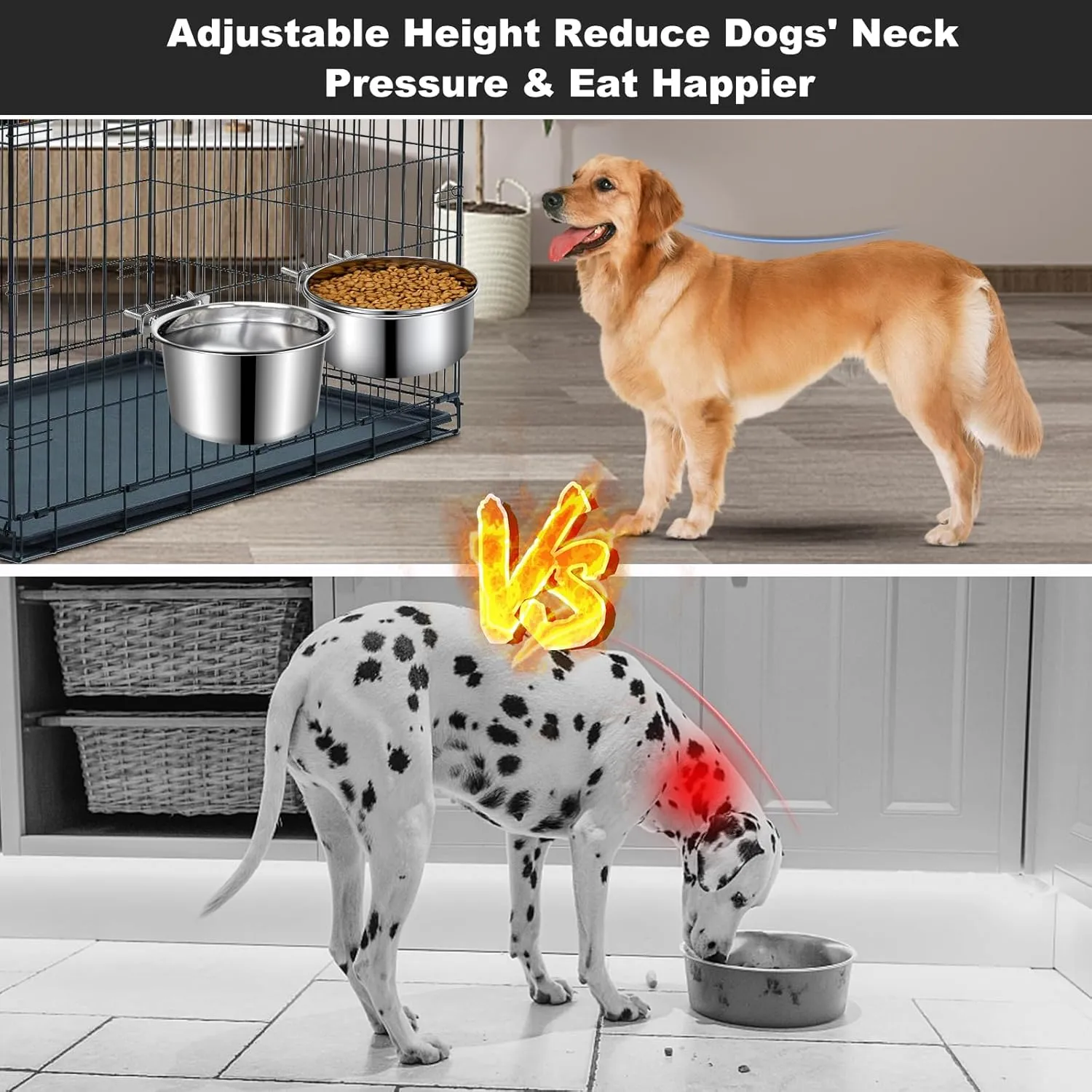 Crate Dog Bowls, Removable Stainless Steel Dog Bowls for Food and Water, Pet Kennel Hanging Food Water Feeder Station for Small/Medium/Large Pets, (7.1"x3.7" & 6.3"*2.6", Silver)