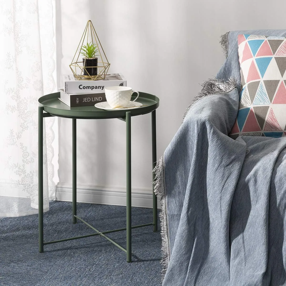 danpinera Side Table, End Table for Small Spaces Accent Metal Bedside Nightstand Round Small Desk, Outdoor Accent Patio Desk Anti-Rust and Waterproof Dark Green