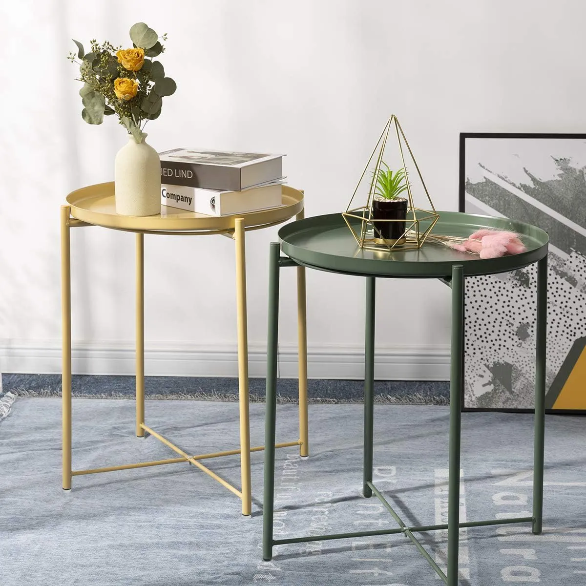 danpinera Side Table, End Table for Small Spaces Accent Metal Bedside Nightstand Round Small Desk, Outdoor Accent Patio Desk Anti-Rust and Waterproof Dark Green