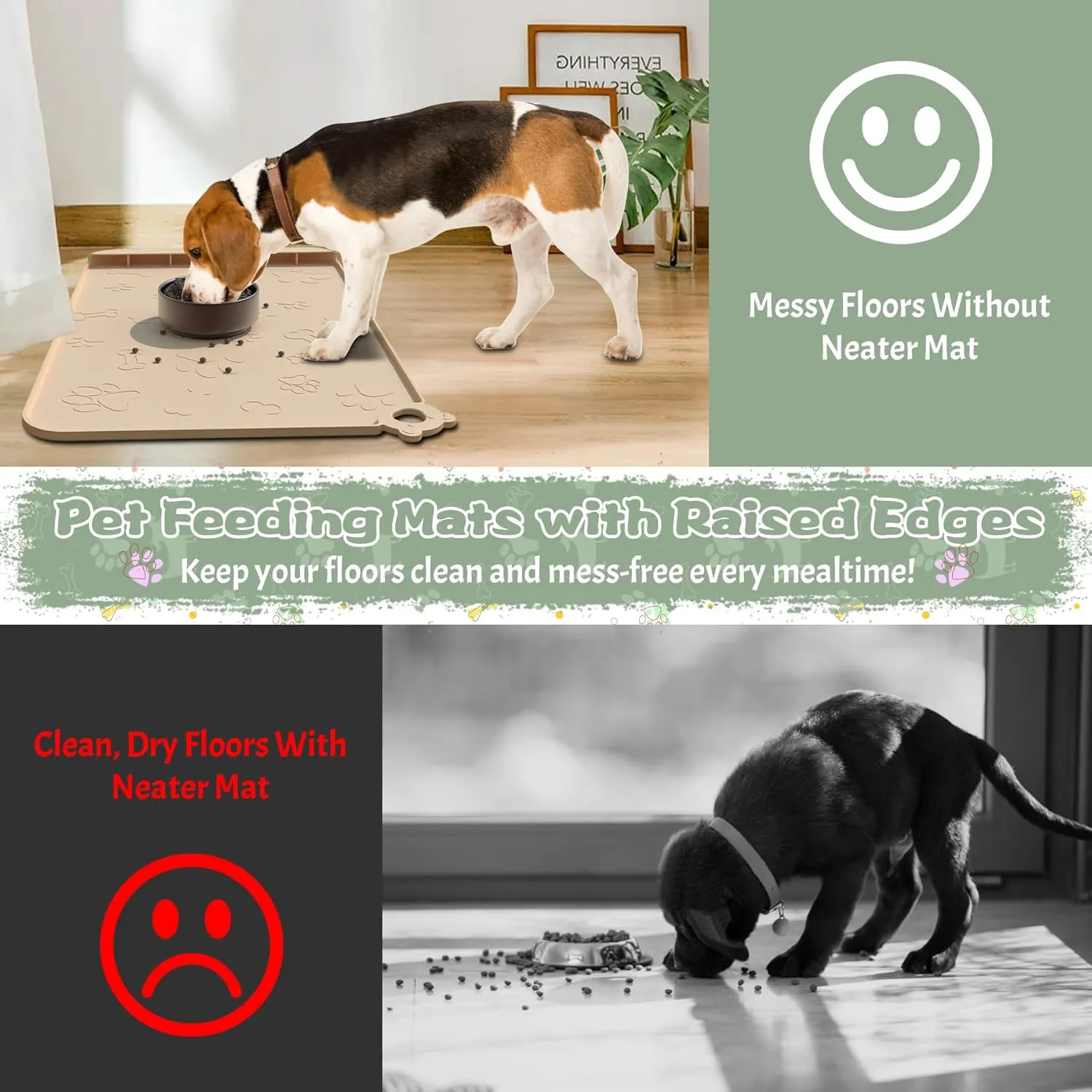 Dog Food Mat, Silicone Dog Mat for Food and Water -Pet Feeding Mats with Residue Collection Pocket, Waterproof Dog Cat Bowl Mats with Raised Edges and Hooks, Placemats for Cats and Dogs Water Bowl