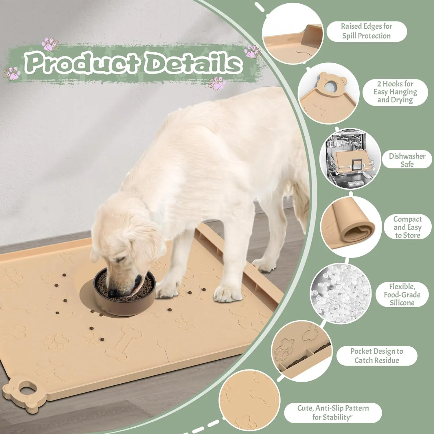 Dog Food Mat, Silicone Dog Mat for Food and Water -Pet Feeding Mats with Residue Collection Pocket, Waterproof Dog Cat Bowl Mats with Raised Edges and Hooks, Placemats for Cats and Dogs Water Bowl