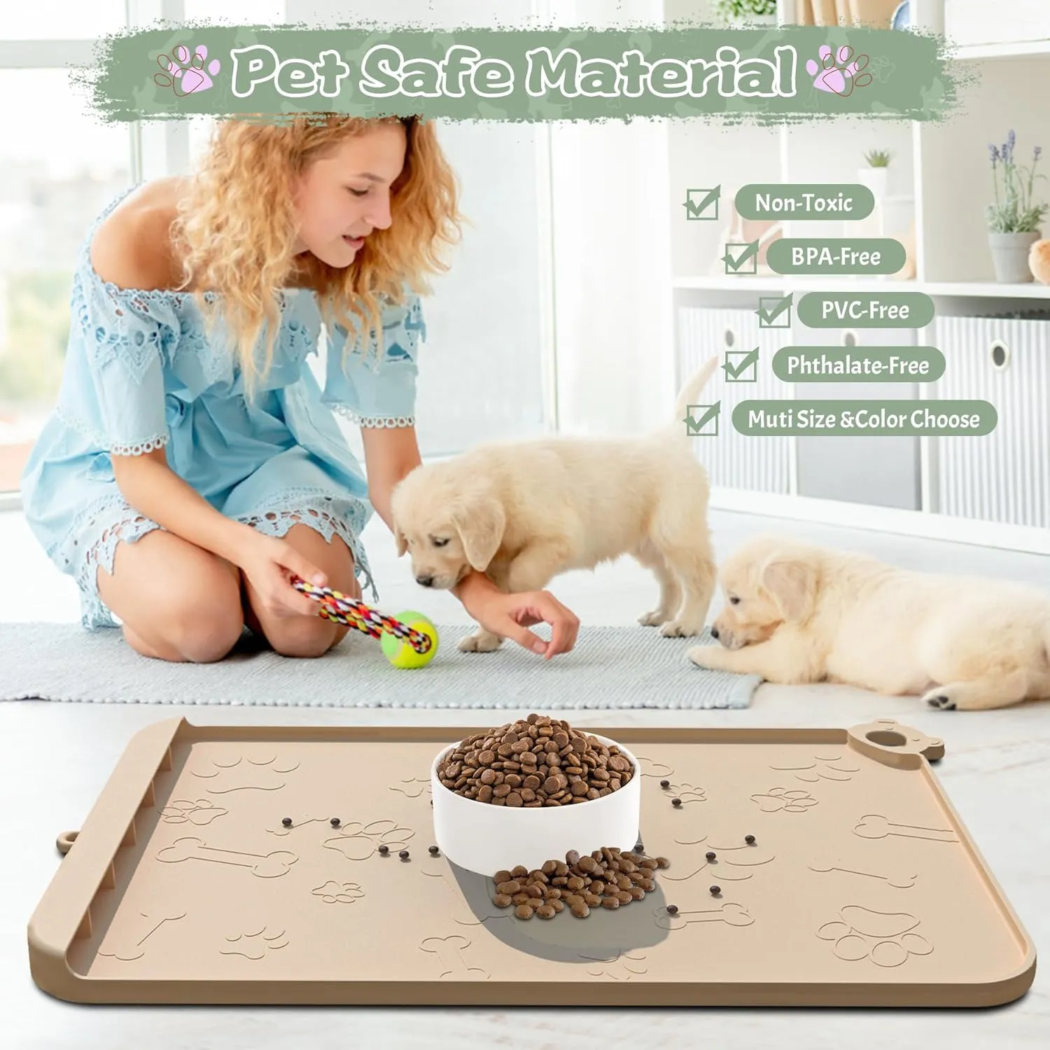 Dog Food Mat, Silicone Dog Mat for Food and Water -Pet Feeding Mats with Residue Collection Pocket, Waterproof Dog Cat Bowl Mats with Raised Edges and Hooks, Placemats for Cats and Dogs Water Bowl