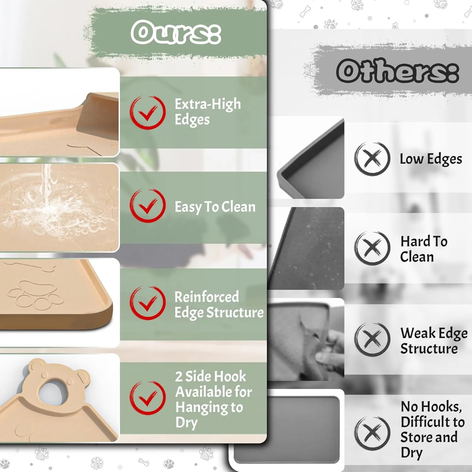 Dog Food Mat, Silicone Dog Mat for Food and Water -Pet Feeding Mats with Residue Collection Pocket, Waterproof Dog Cat Bowl Mats with Raised Edges and Hooks, Placemats for Cats and Dogs Water Bowl