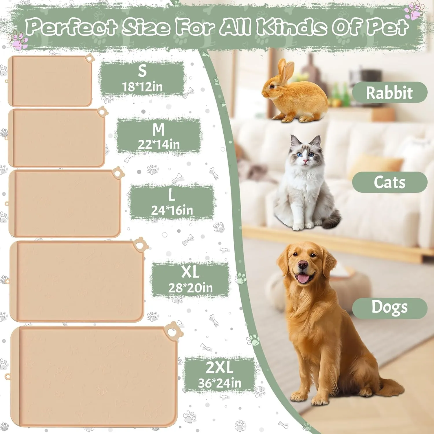 Dog Food Mat, Silicone Dog Mat for Food and Water -Pet Feeding Mats with Residue Collection Pocket, Waterproof Dog Cat Bowl Mats with Raised Edges and Hooks, Placemats for Cats and Dogs Water Bowl