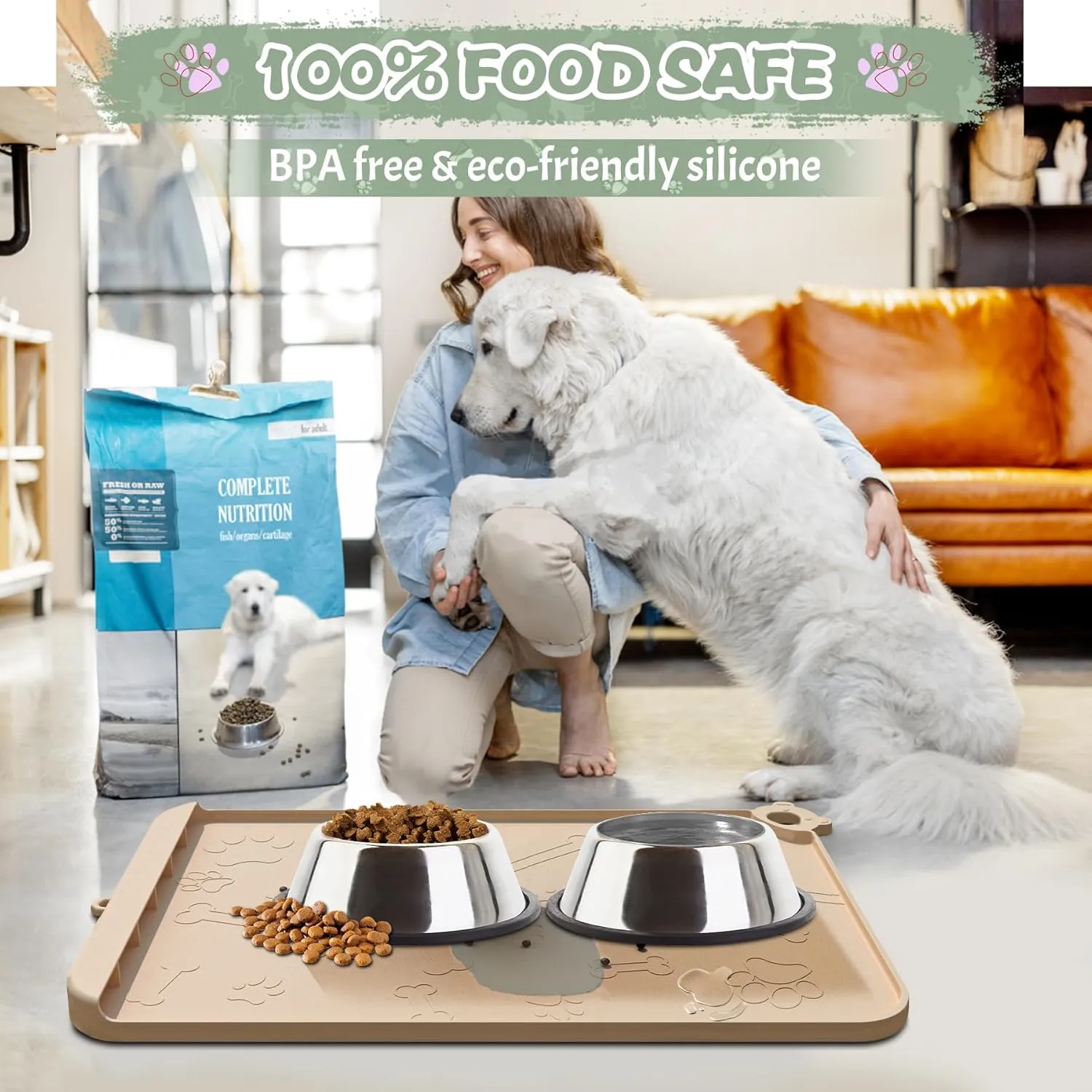 Dog Food Mat, Silicone Dog Mat for Food and Water -Pet Feeding Mats with Residue Collection Pocket, Waterproof Dog Cat Bowl Mats with Raised Edges and Hooks, Placemats for Cats and Dogs Water Bowl