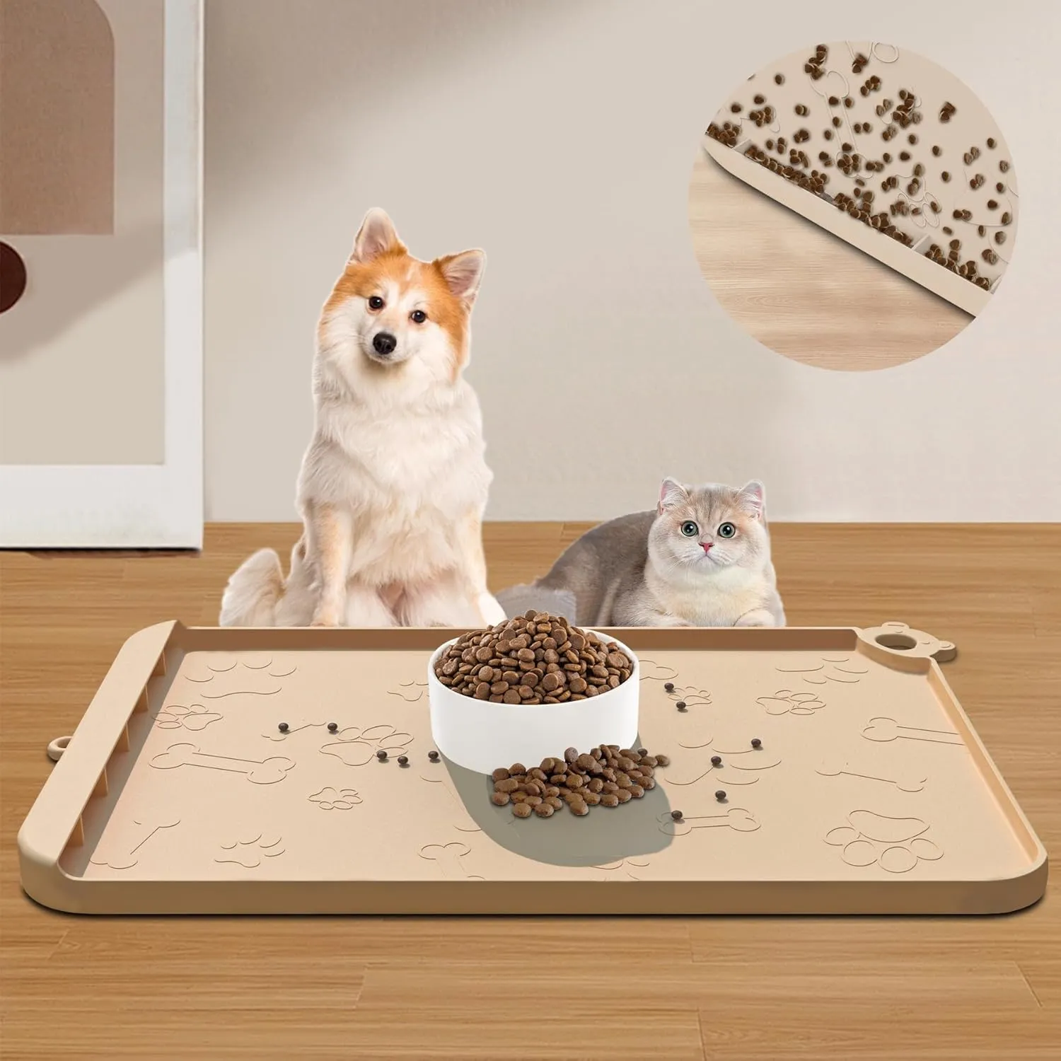 Dog Food Mat, Silicone Dog Mat for Food and Water -Pet Feeding Mats with Residue Collection Pocket, Waterproof Dog Cat Bowl Mats with Raised Edges and Hooks, Placemats for Cats and Dogs Water Bowl