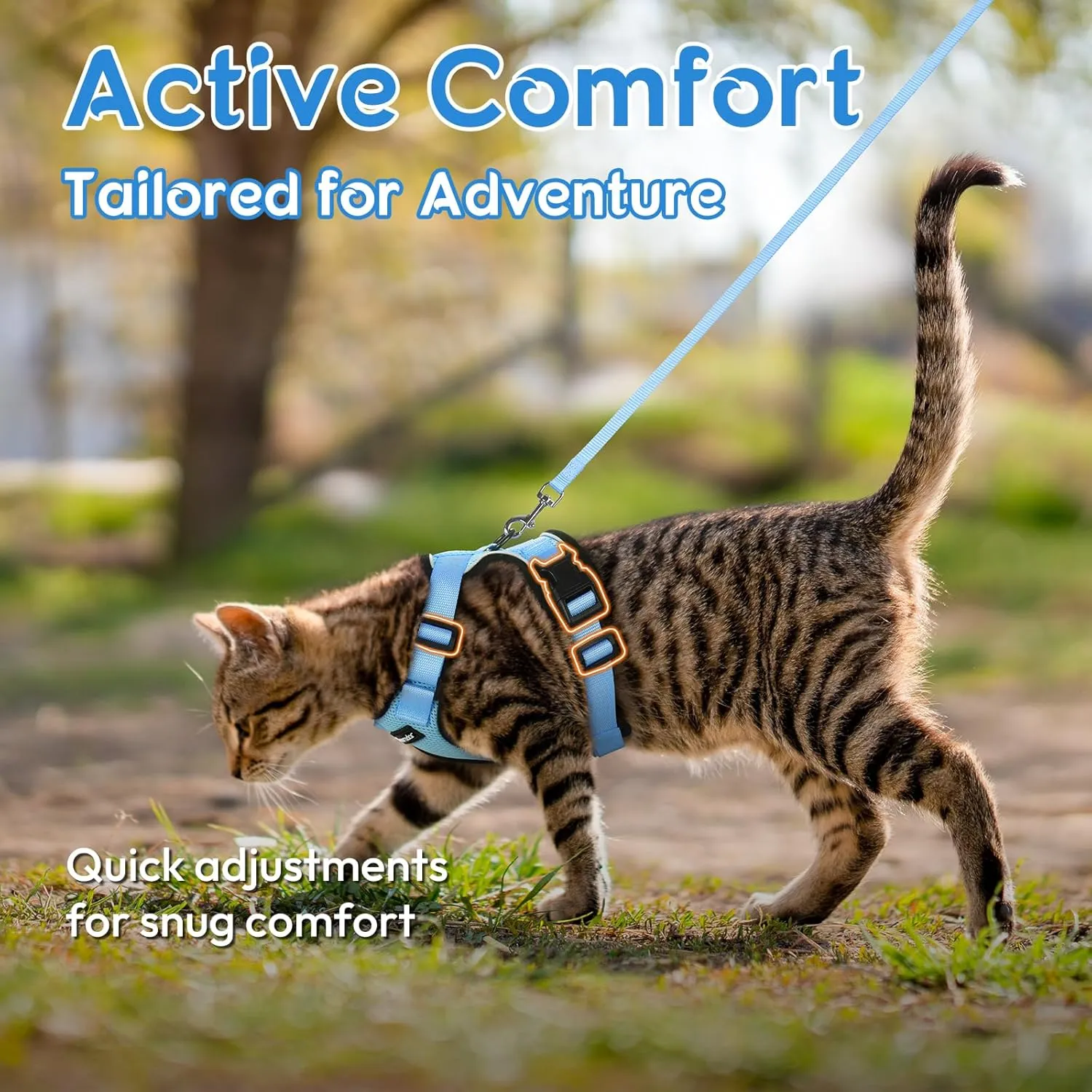 Dooradar Cat Harness and Leash Set, Escape Proof Safe Adjustable Kitten Vest Harnesses for Walking, Easy Control Soft Breathable Mesh Jacket with Reflective Strips for Cats, Light Blue, M