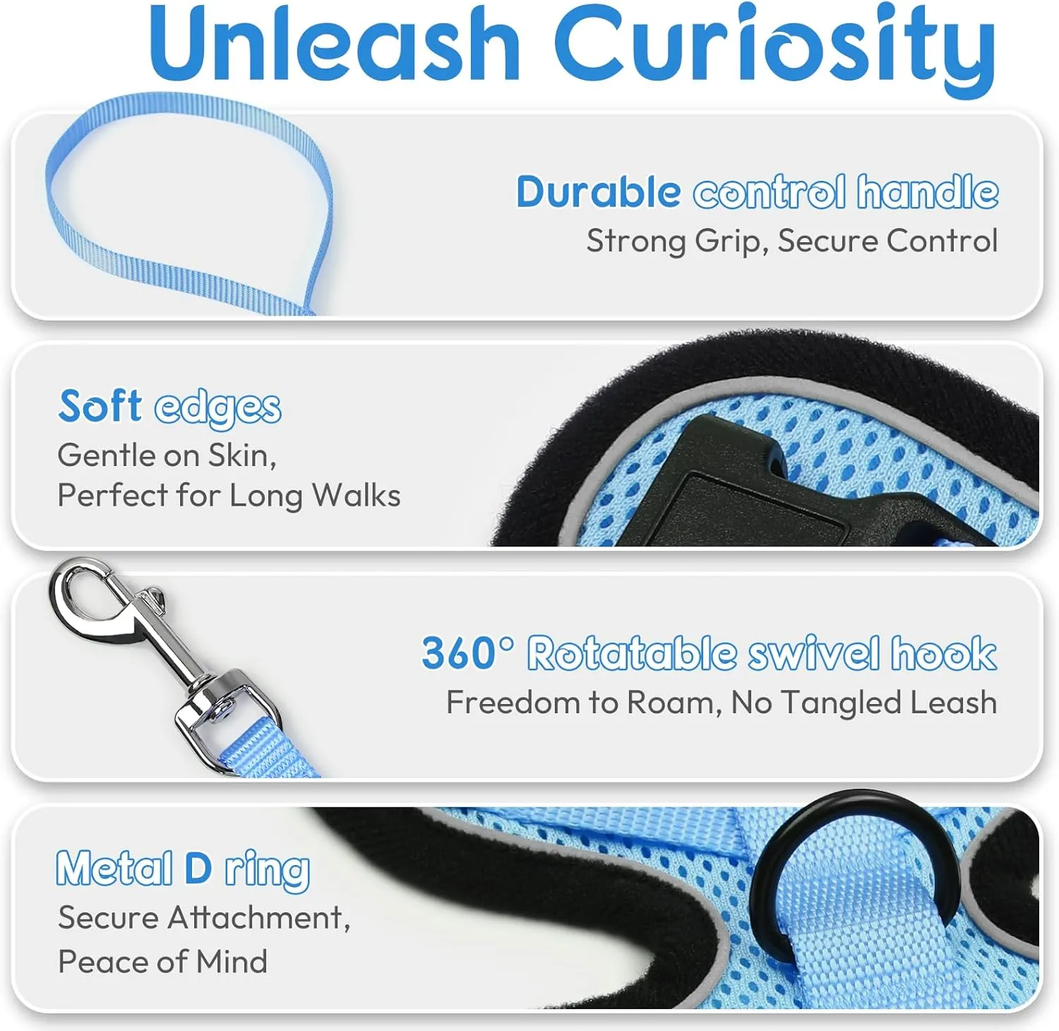 Dooradar Cat Harness and Leash Set, Escape Proof Safe Adjustable Kitten Vest Harnesses for Walking, Easy Control Soft Breathable Mesh Jacket with Reflective Strips for Cats, Light Blue, M
