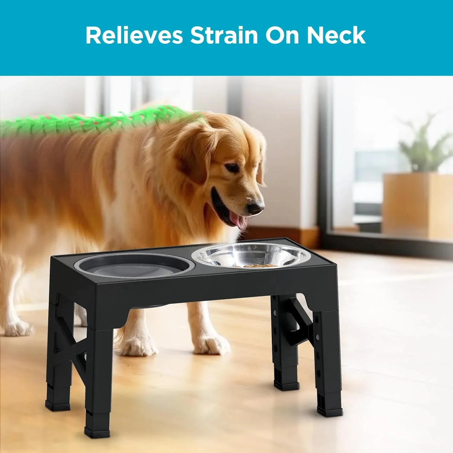 Elevated Dog Bowls,  5 Adjustable Heights Raised Dog Bowl Stand with 1 Stainless Steel Food & Dog Water Bowl, Dog Bowls for Large Dogs& Cats (Black)