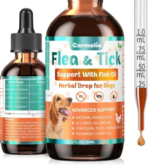 Flea & Tick Support for Dogs, Natural Flea and Ticks Comfort for Dog with Fish Oil, Flea & Tick Liquid Herbal Drop for Dogs - All Breeds & Ages - Chicken