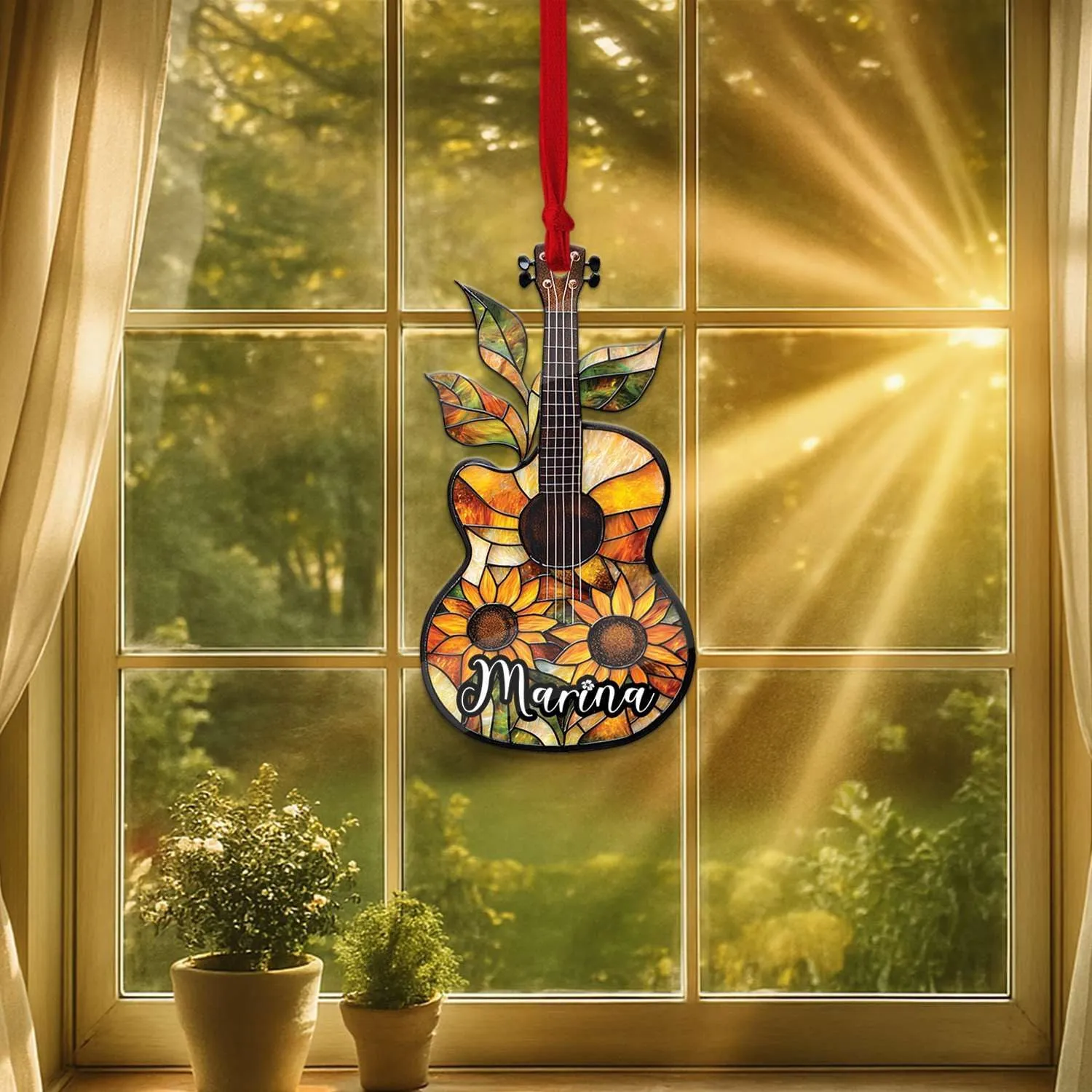 Floral Electric Guitar Acrylic Ornament, Personalized Shaped Tree Hanging, Custom Name Guitar Players Decor, Music Theme Decoration, Musical Instrument Ornament, Gifts for Musician
